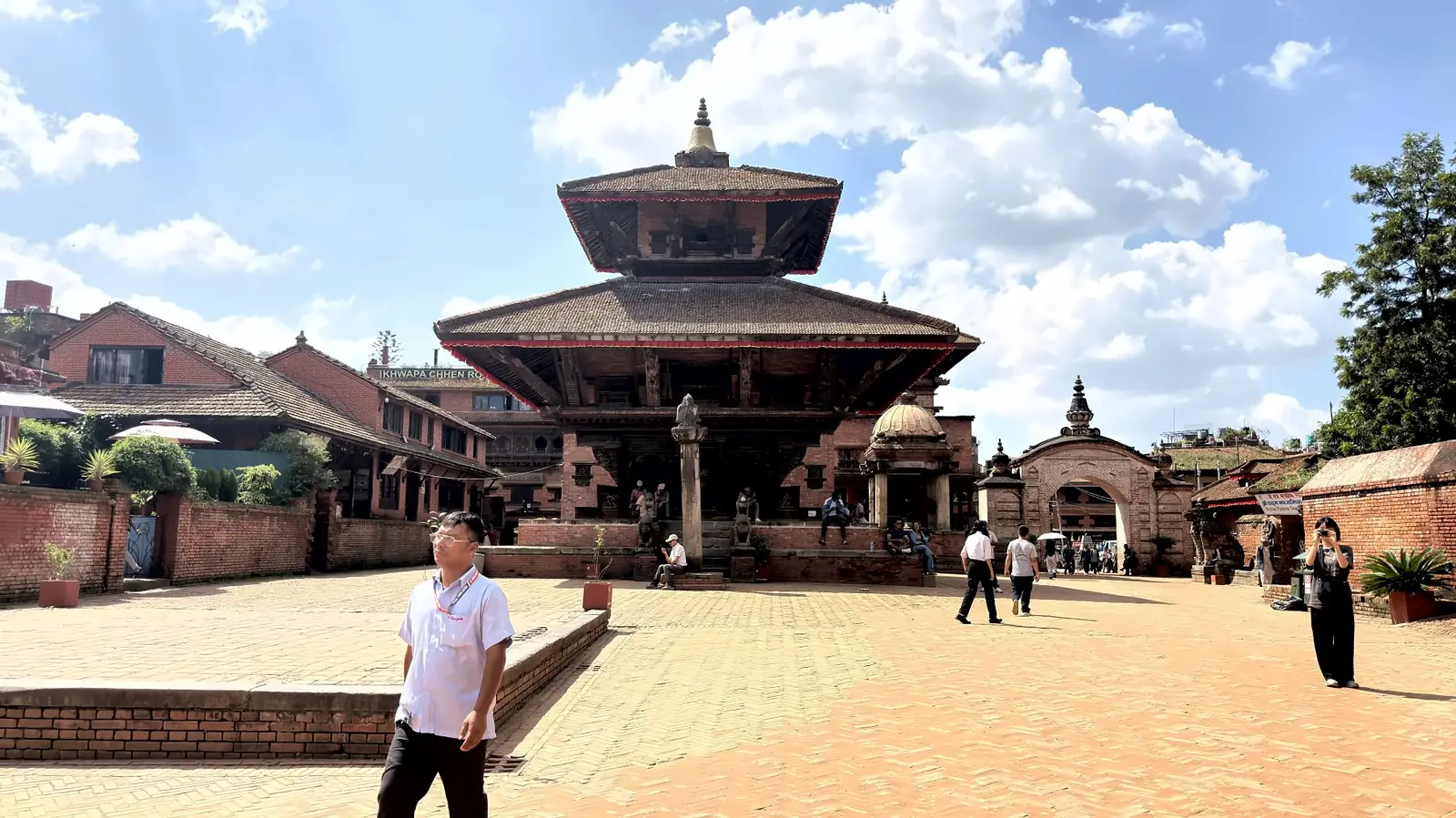 Two-tiered pagoda pavilion on a brick square in Bhaktapur